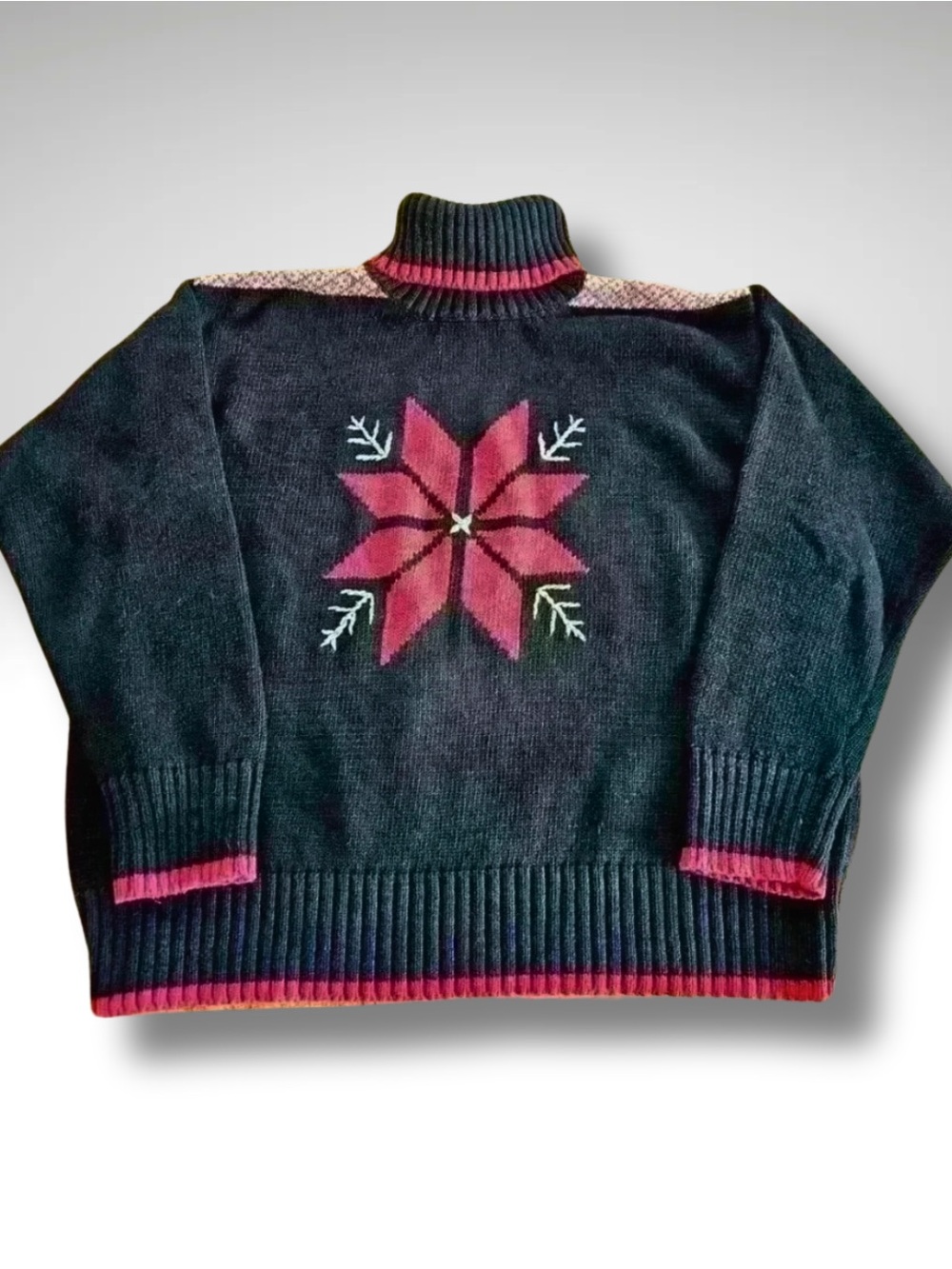 Vintage Liz Claiborne Poinsettia Christmas Turtleneck Sweater M Black Red